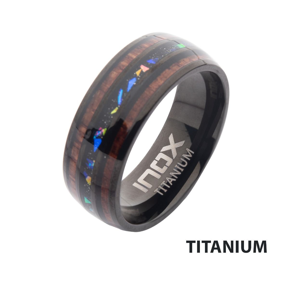 Titanium Black Ip Wood Opal Inlay Ring (tifr217)