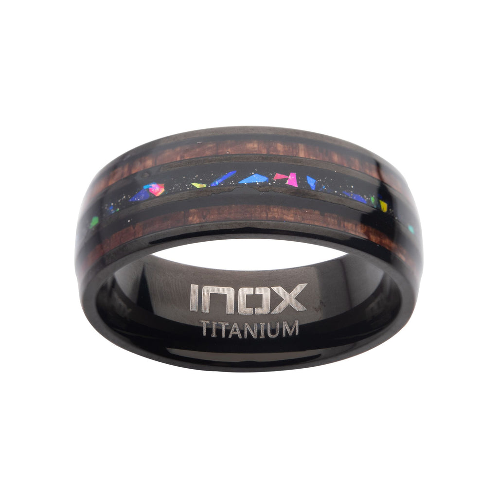 Titanium Black Ip Wood Opal Inlay Ring (tifr217)