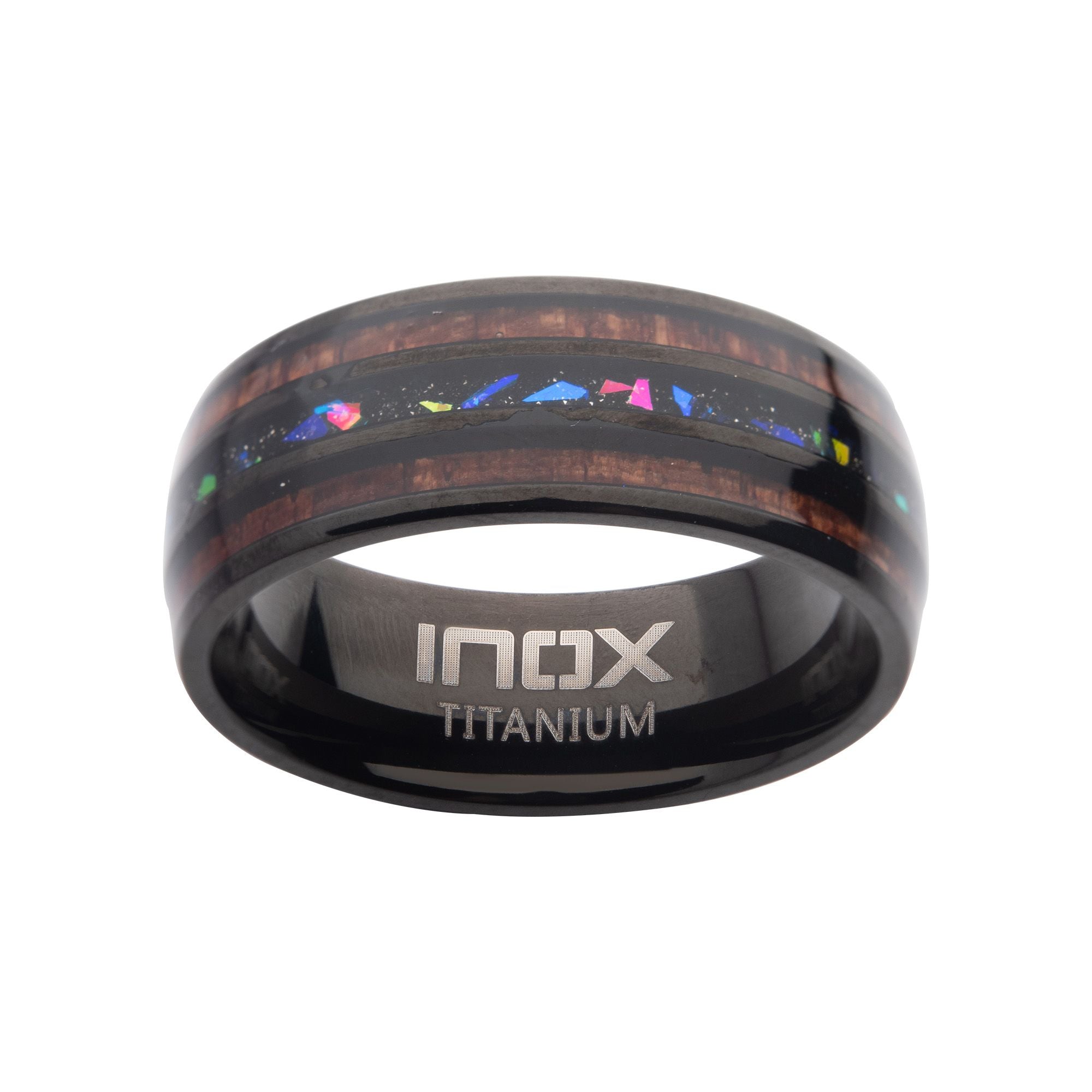 Titanium Black Ip Wood Opal Inlay Ring (tifr217)