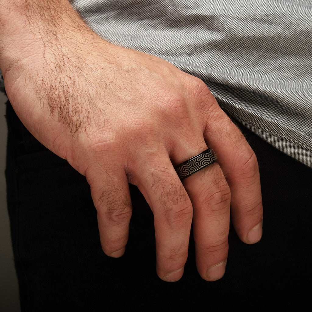 Titanium Black Ip With Brain Coral Pattern Comfort Fit Ring (tifr9001)
