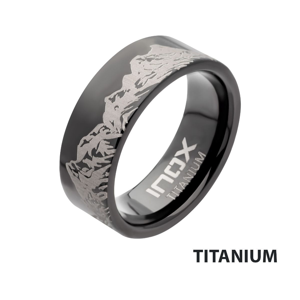 Titanium Black Ip With Mountain Ridge Landscape Design Comfort Fit Ring (tifr9003)