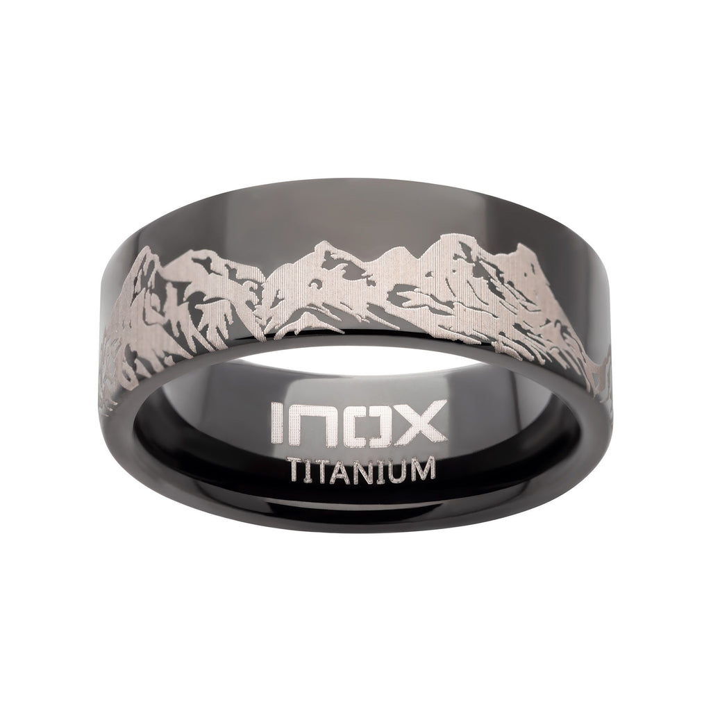 Titanium Black Ip With Mountain Ridge Landscape Design Comfort Fit Ring (tifr9003)