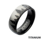 Titanium Black Ip With Evergreen Forest Treeline Design Comfort Fit Ring (tifr9004)