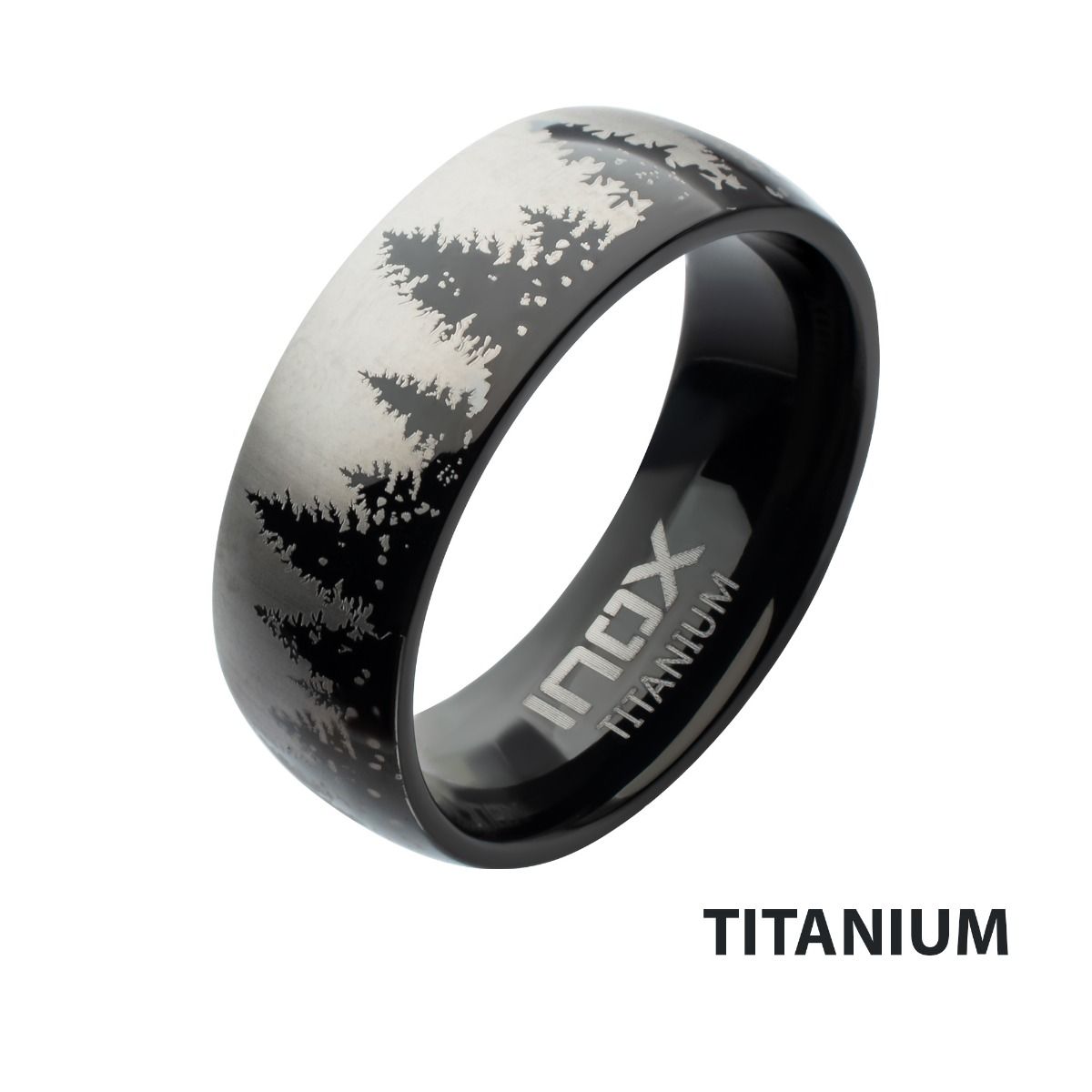 Titanium Black Ip With Evergreen Forest Treeline Design Comfort Fit Ring (tifr9004)