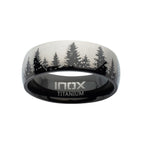 Titanium Black Ip With Evergreen Forest Treeline Design Comfort Fit Ring (tifr9004)