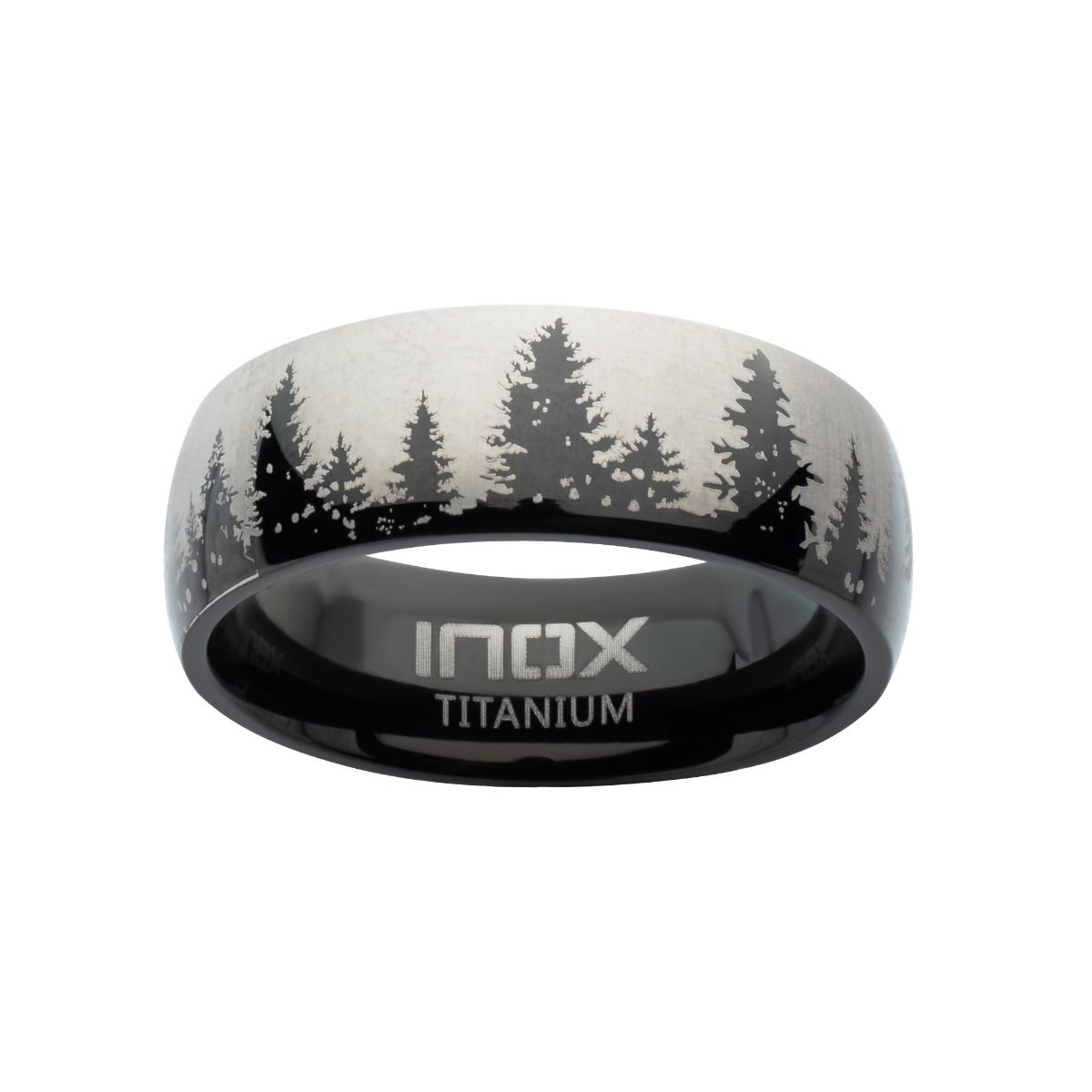 Titanium Black Ip With Evergreen Forest Treeline Design Comfort Fit Ring (tifr9004)