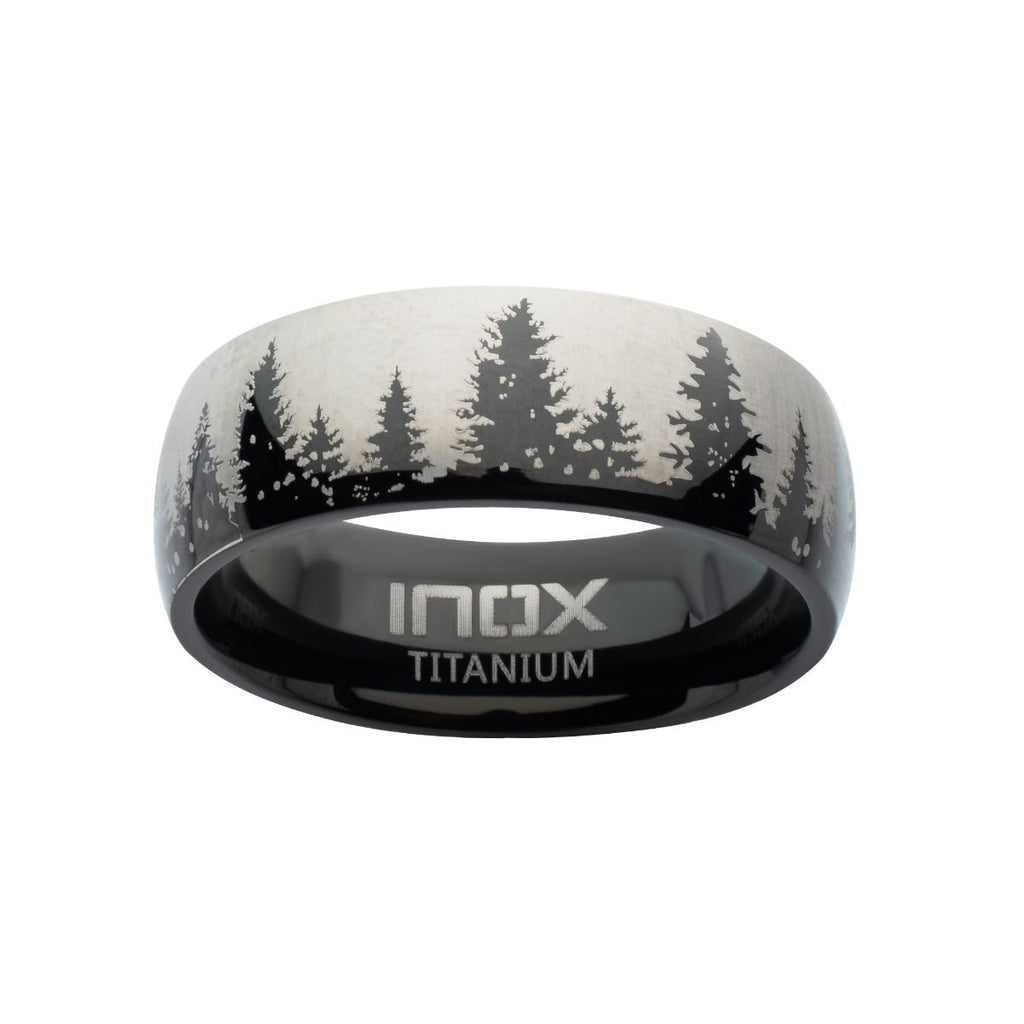 Titanium Black Ip With Evergreen Forest Treeline Design Comfort Fit Ring (tifr9004)