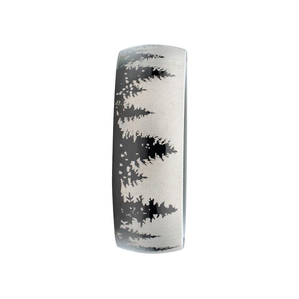 Titanium Black Ip With Evergreen Forest Treeline Design Comfort Fit Ring (tifr9004)
