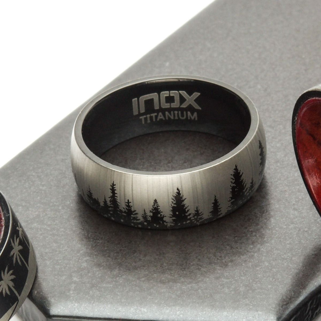 Titanium Black Ip With Evergreen Forest Treeline Design Comfort Fit Ring (tifr9004)