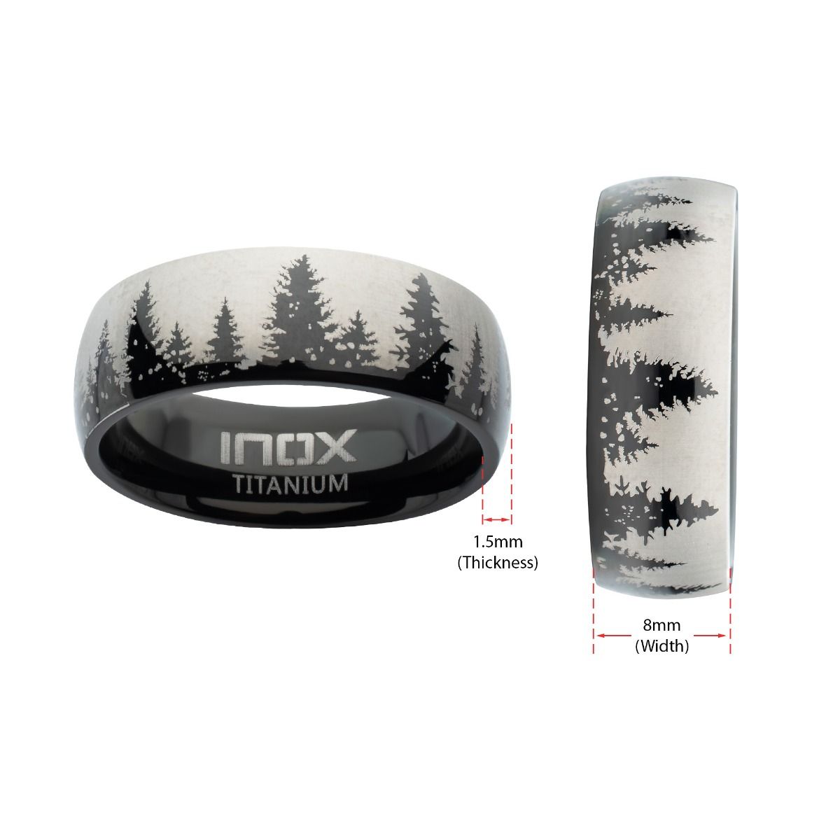 Titanium Black Ip With Evergreen Forest Treeline Design Comfort Fit Ring (tifr9004)