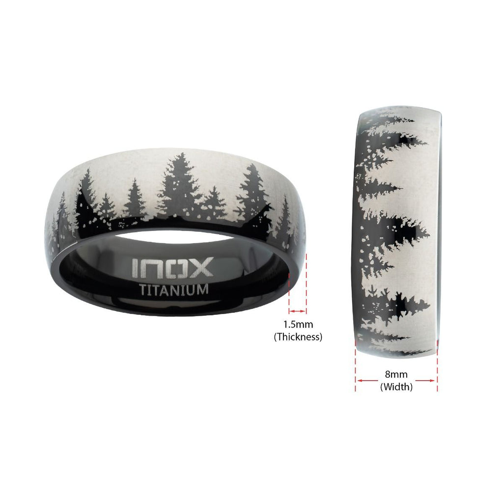 Titanium Black Ip With Evergreen Forest Treeline Design Comfort Fit Ring (tifr9004)