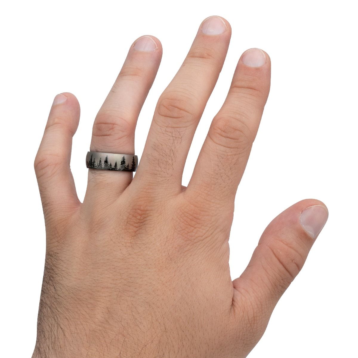 Titanium Black Ip With Evergreen Forest Treeline Design Comfort Fit Ring (tifr9004)