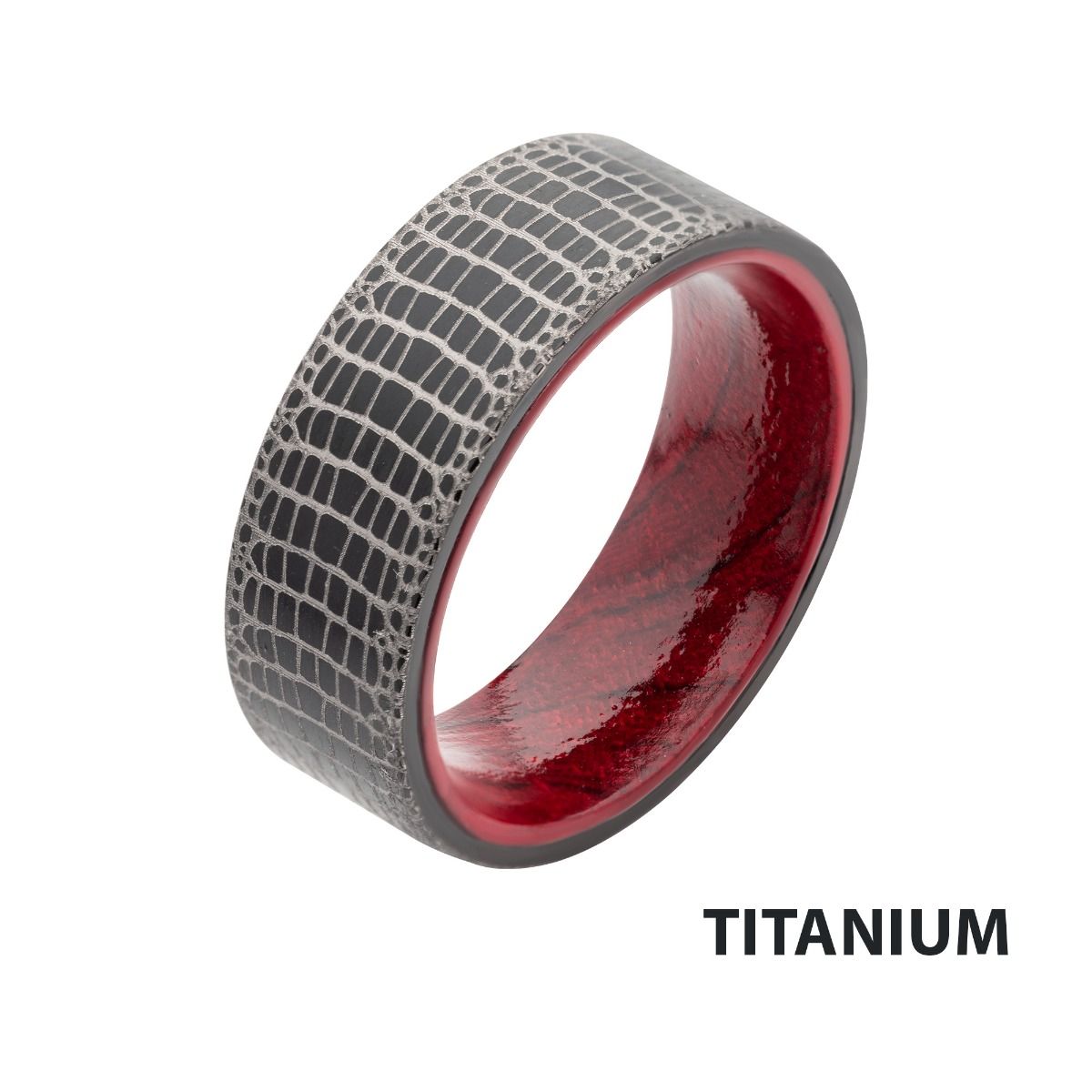 Titanium Black Ip With Reptile Skin Pattern With Inner Rosewood Comfort Fit Ring (tifr9005)