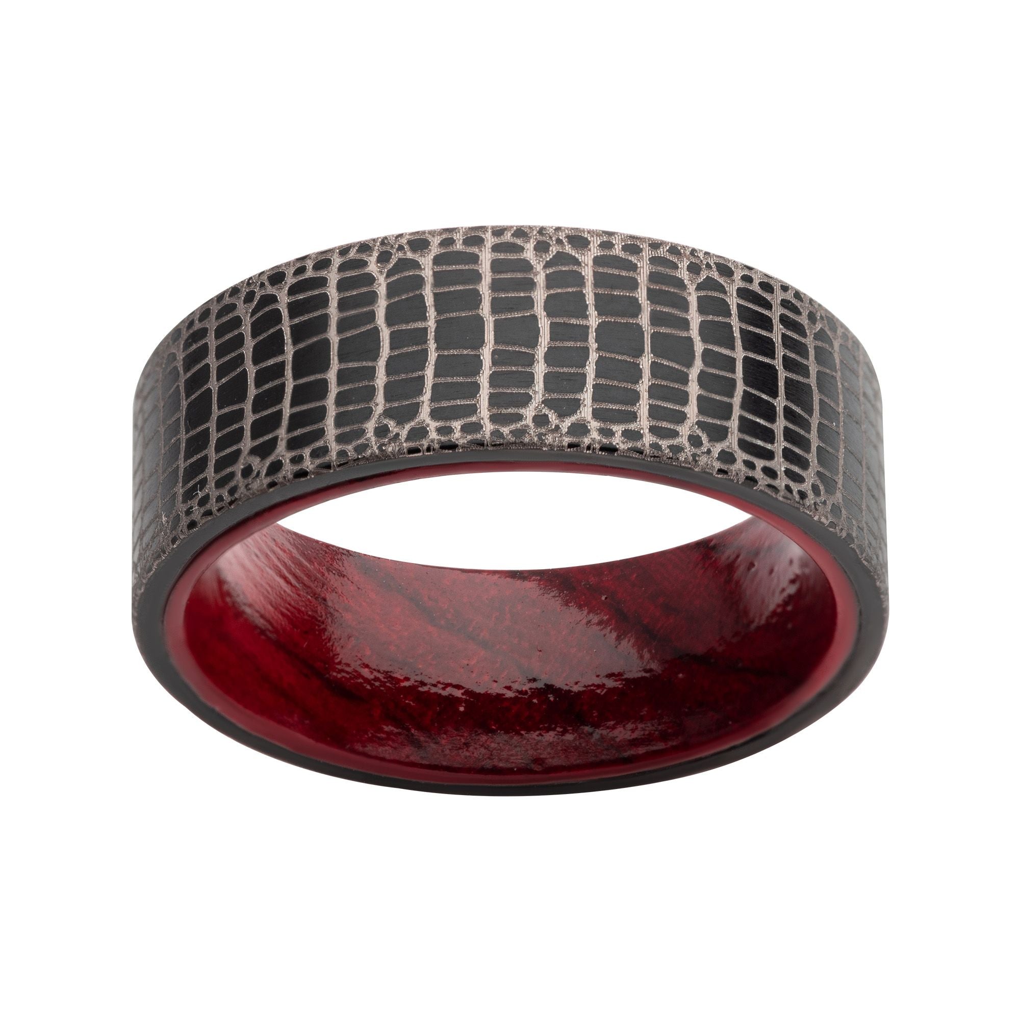 Titanium Black Ip With Reptile Skin Pattern With Inner Rosewood Comfort Fit Ring (tifr9005)