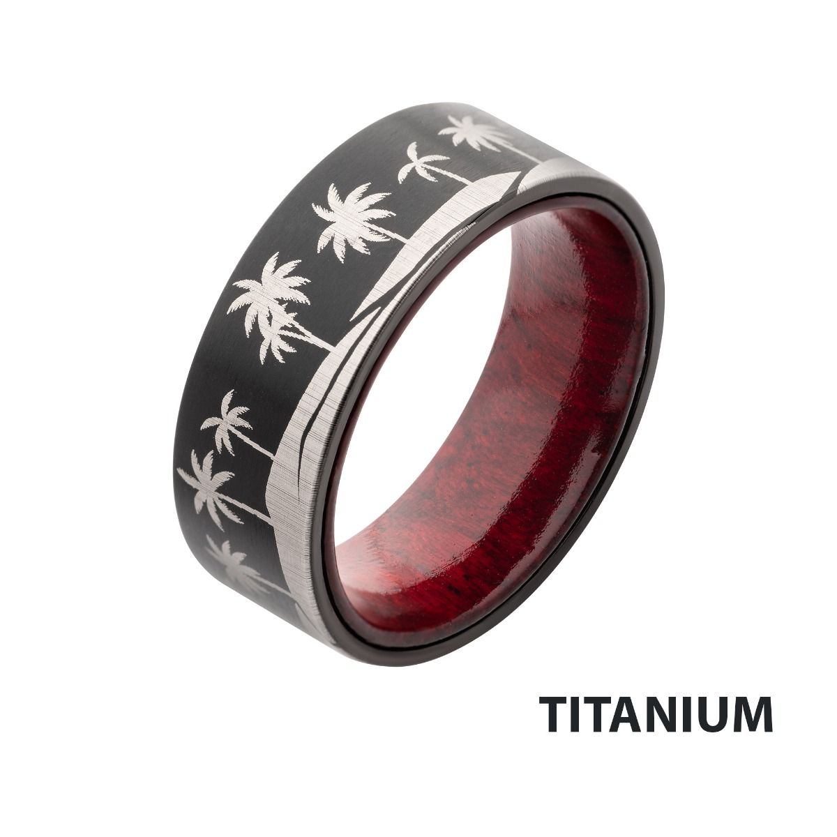 Titanium Black Ip With Tropical Palm Treeline Design With Inner Rosewood Comfort Fit Ring (tifr9006)