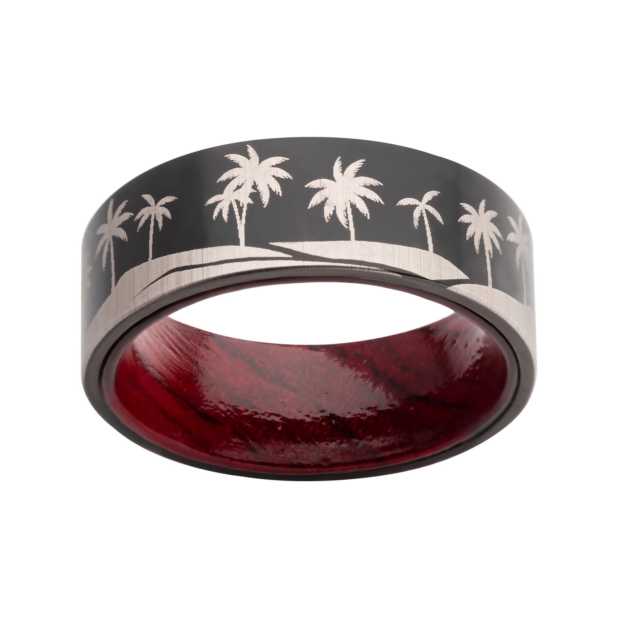 Titanium Black Ip With Tropical Palm Treeline Design With Inner Rosewood Comfort Fit Ring (tifr9006)