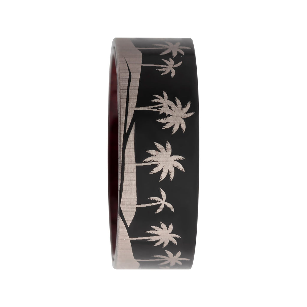 Titanium Black Ip With Tropical Palm Treeline Design With Inner Rosewood Comfort Fit Ring (tifr9006)