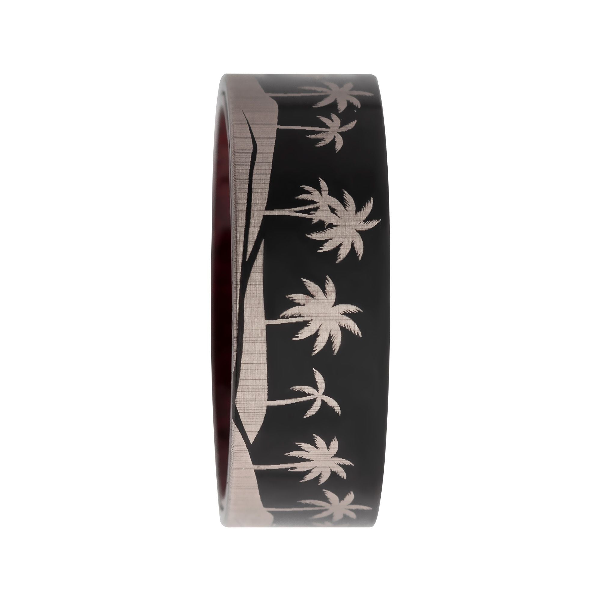 Titanium Black Ip With Tropical Palm Treeline Design With Inner Rosewood Comfort Fit Ring (tifr9006)